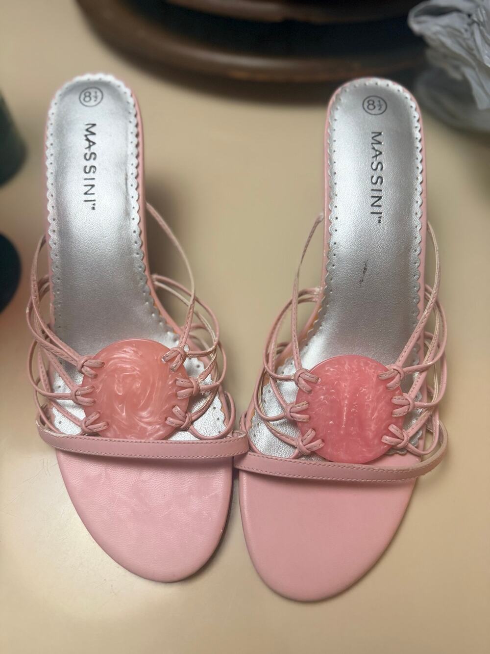 Massini Pink Strappy Mule Sandals Womens 8.5 Marbled Disc Accent Heels